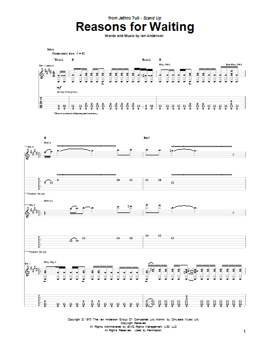Jethro Tull Reasons For Waiting Sheet Music Notes & Chords for Guitar Tab - Download or Print PDF