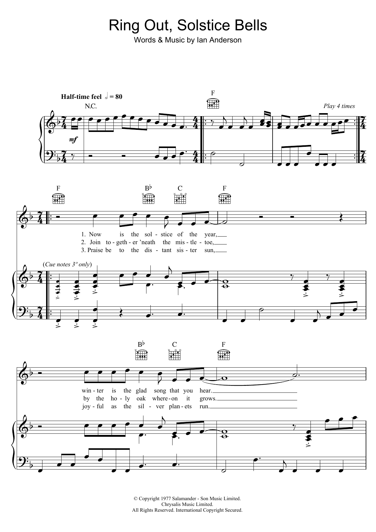 Jethro Tull Ring Out, Solstice Bells Sheet Music Notes & Chords for Piano, Vocal & Guitar (Right-Hand Melody) - Download or Print PDF