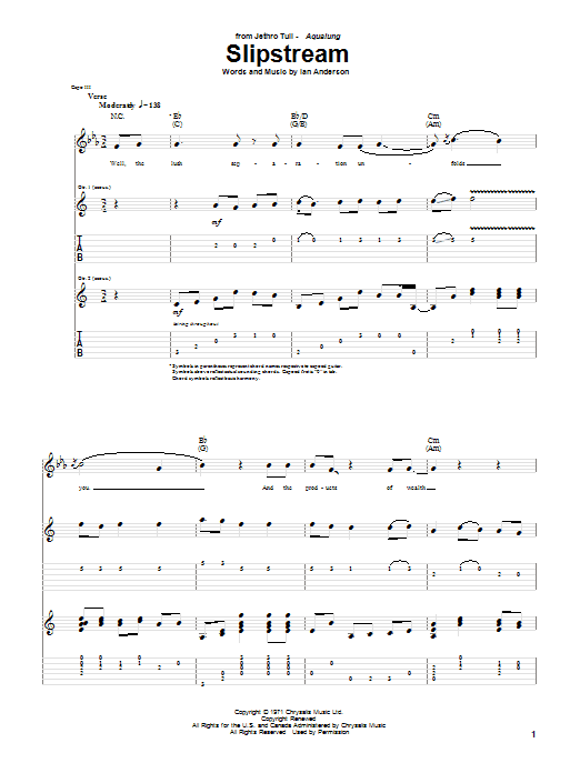 Jethro Tull Slipstream Sheet Music Notes & Chords for Guitar Tab - Download or Print PDF