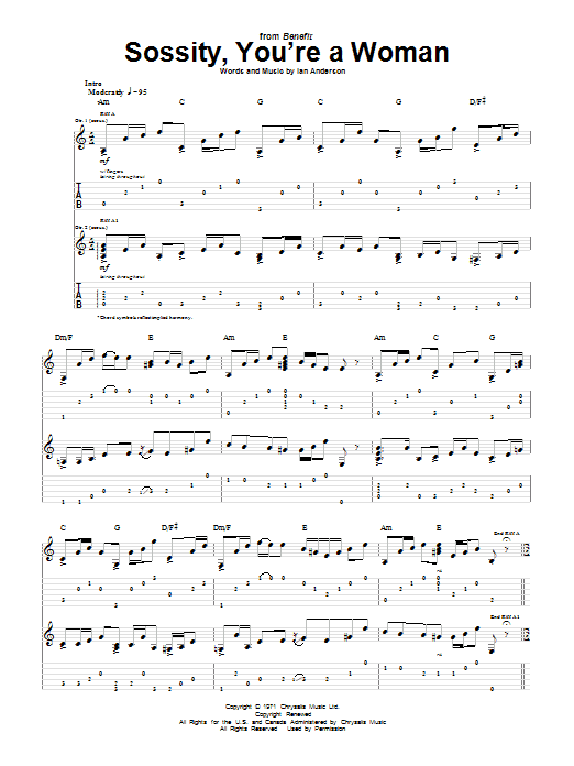 Jethro Tull Sossity, You're A Woman Sheet Music Notes & Chords for Guitar Tab - Download or Print PDF