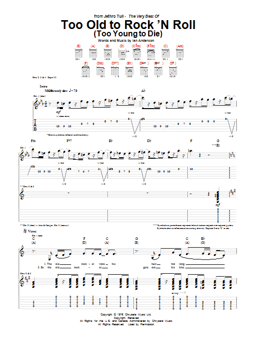 Jethro Tull Too Old To Rock 'N Roll (Too Young To Die) Sheet Music Notes & Chords for Guitar Tab - Download or Print PDF