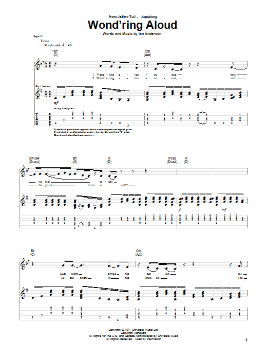 Jethro Tull Wond'ring Aloud Sheet Music Notes & Chords for Guitar Tab - Download or Print PDF