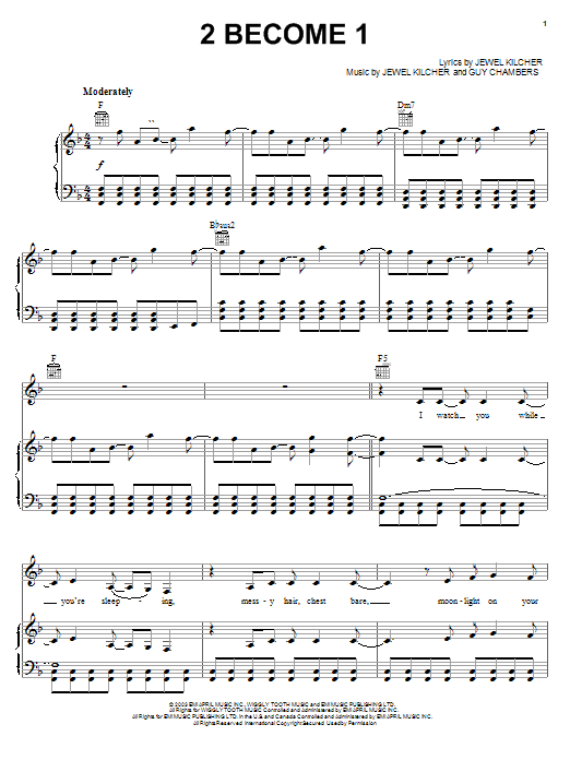 Jewel 2 Become 1 Sheet Music Notes & Chords for Piano, Vocal & Guitar (Right-Hand Melody) - Download or Print PDF