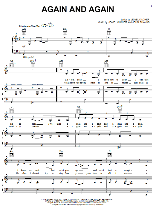 Jewel Again And Again Sheet Music Notes & Chords for Piano, Vocal & Guitar (Right-Hand Melody) - Download or Print PDF