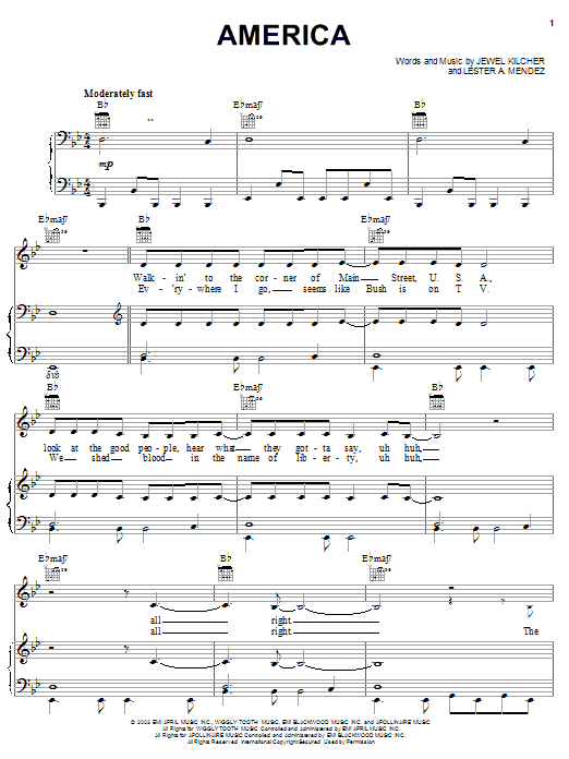 Jewel America Sheet Music Notes & Chords for Piano, Vocal & Guitar (Right-Hand Melody) - Download or Print PDF
