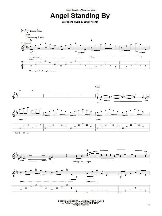 Jewel Angel Standing By Sheet Music Notes & Chords for Guitar Tab - Download or Print PDF