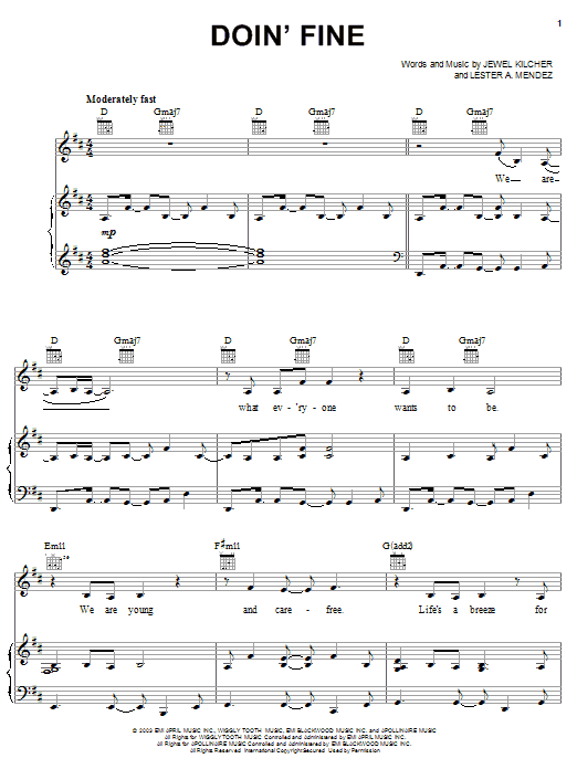 Jewel Doin' Fine Sheet Music Notes & Chords for Piano, Vocal & Guitar (Right-Hand Melody) - Download or Print PDF