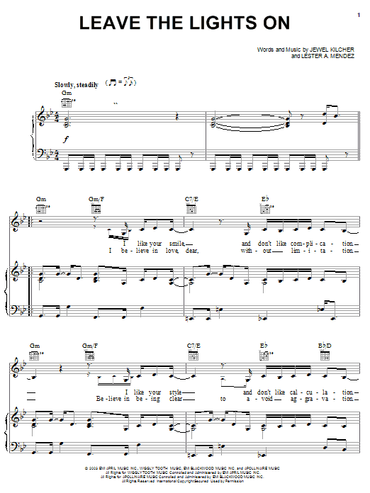 Jewel Leave The Lights On Sheet Music Notes & Chords for Piano, Vocal & Guitar (Right-Hand Melody) - Download or Print PDF