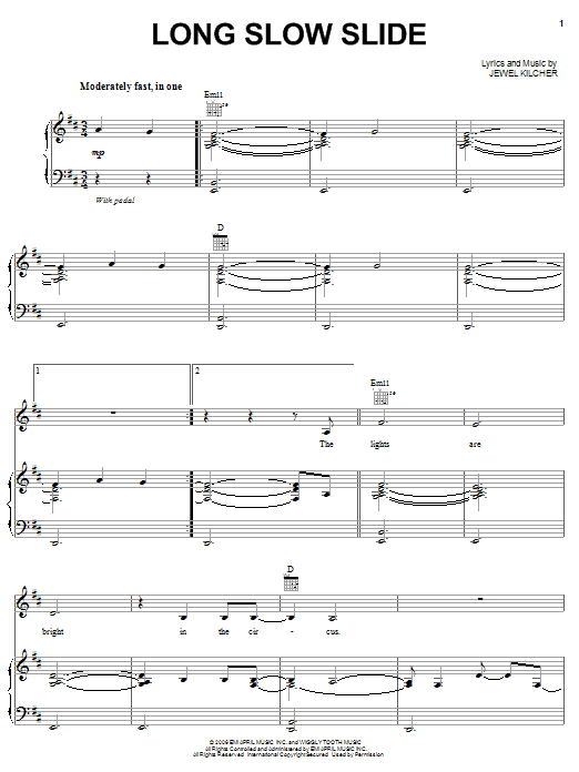 Jewel Long Slow Slide Sheet Music Notes & Chords for Piano, Vocal & Guitar (Right-Hand Melody) - Download or Print PDF