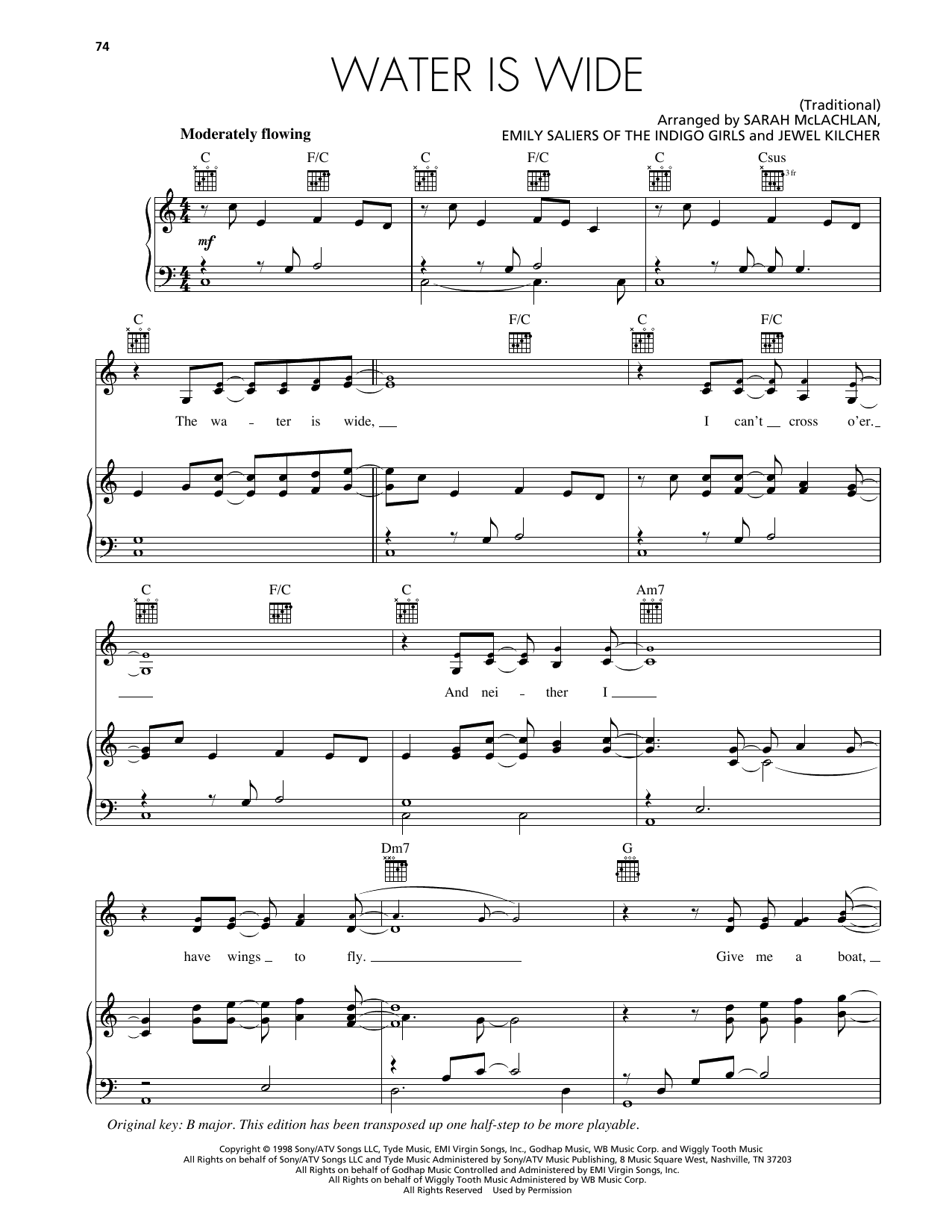 Jewel, Sarah McLachlan, & Indigo Girls Water Is Wide Sheet Music Notes & Chords for Piano, Vocal & Guitar Chords (Right-Hand Melody) - Download or Print PDF