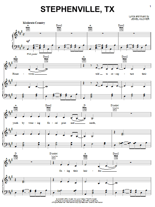 Jewel Stephenville, TX Sheet Music Notes & Chords for Piano, Vocal & Guitar (Right-Hand Melody) - Download or Print PDF