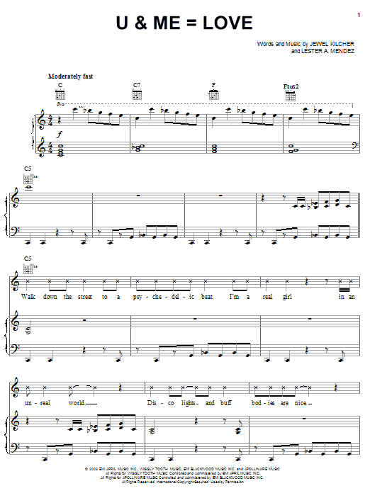 Jewel U & Me=Love Sheet Music Notes & Chords for Piano, Vocal & Guitar (Right-Hand Melody) - Download or Print PDF