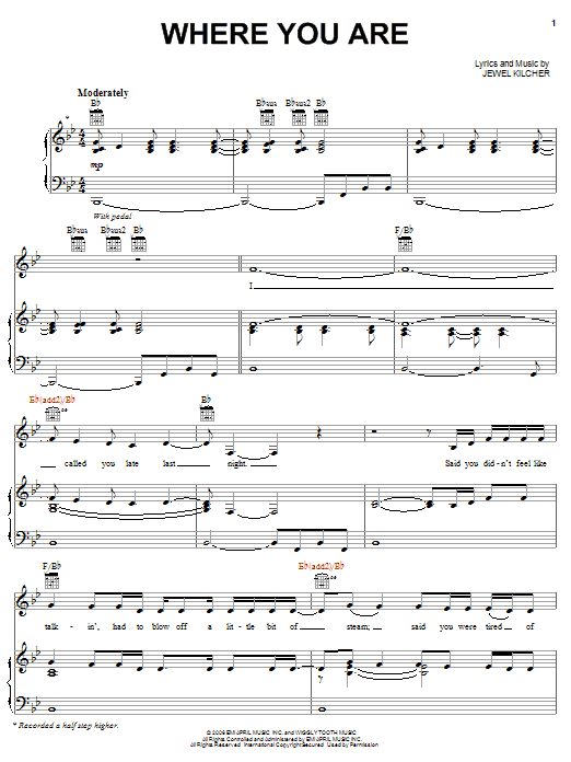 Jewel Where You Are Sheet Music Notes & Chords for Piano, Vocal & Guitar (Right-Hand Melody) - Download or Print PDF
