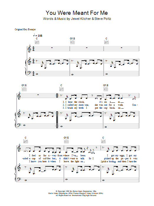 Jewel You Were Meant For Me Sheet Music Notes & Chords for Piano, Vocal & Guitar - Download or Print PDF