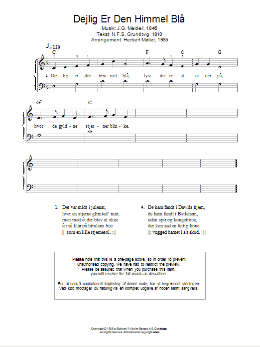 J.G. Meidell Dejlig Er Den Himmel Bla Sheet Music Notes & Chords for Piano - Download or Print PDF