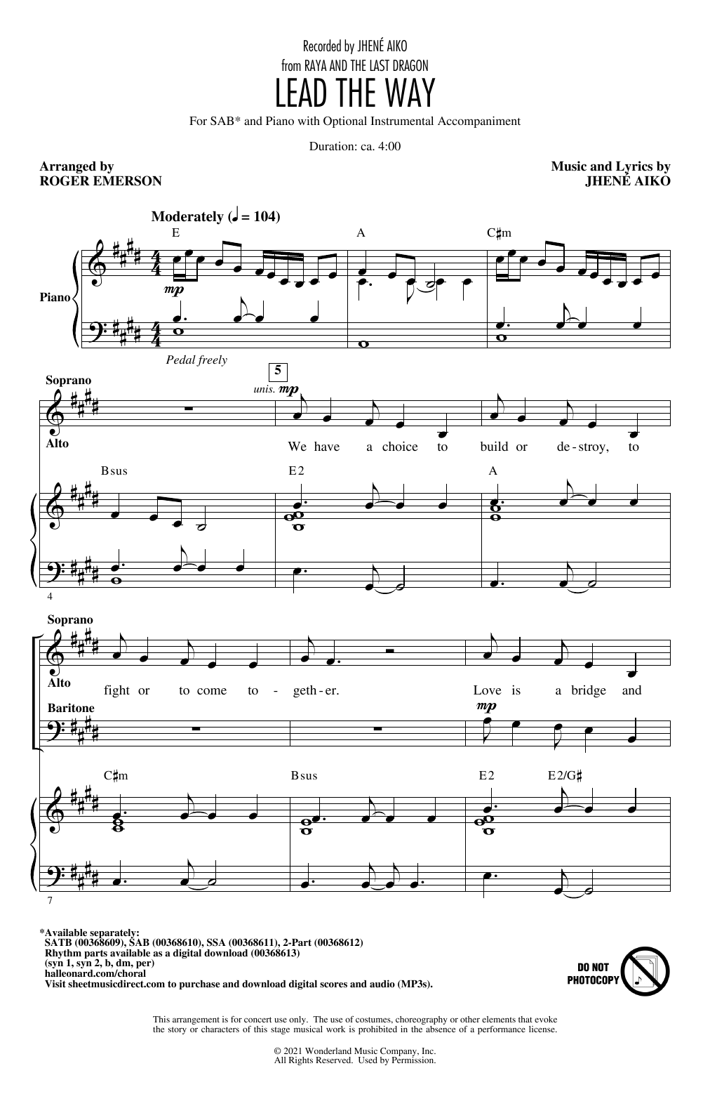 Jhené Aiko Lead The Way (from Disney's Raya And The Last Dragon) (arr. Roger Emerson) Sheet Music Notes & Chords for SATB Choir - Download or Print PDF