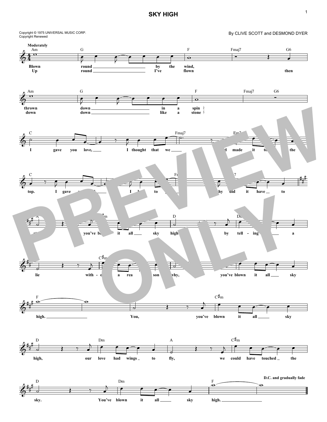 Jigsaw Sky High Sheet Music Notes & Chords for Melody Line, Lyrics & Chords - Download or Print PDF