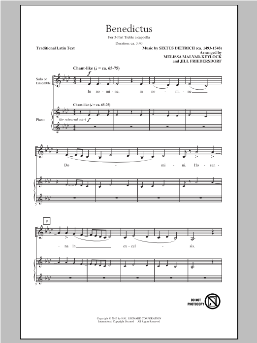 Sixtus Dietrich Benedictus (arr. Jill Friedersdorf and Melissa Malvar-Keylock) Sheet Music Notes & Chords for 3-Part Treble - Download or Print PDF