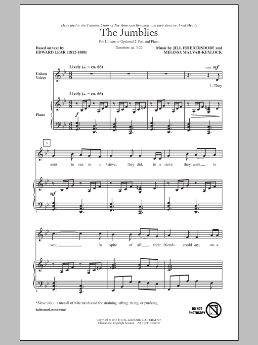 Jill Friedersdorf and Melissa Malvar-Keylock The Jumblies Sheet Music Notes & Chords for Unison Choral - Download or Print PDF