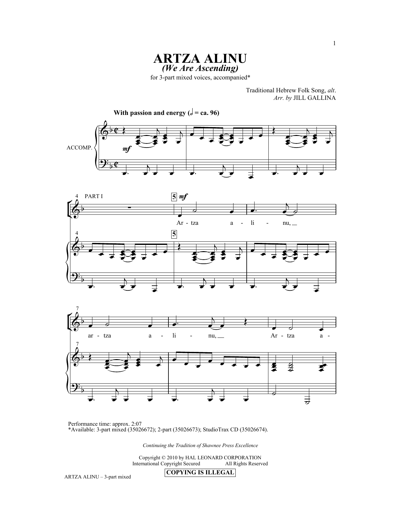 Jill Gallina Artza Alinu Sheet Music Notes & Chords for 3-Part Mixed - Download or Print PDF