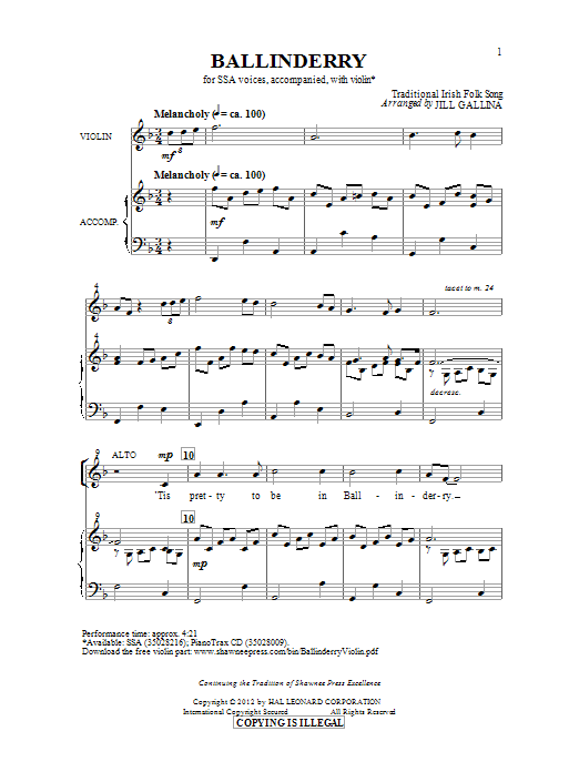 Jill Gallina Ballinderry Sheet Music Notes & Chords for SSA - Download or Print PDF