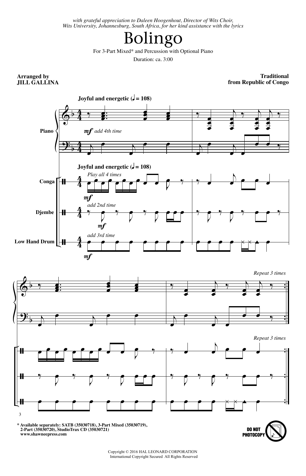 Jill Gallina Bolingo Sheet Music Notes & Chords for 3-Part Mixed - Download or Print PDF