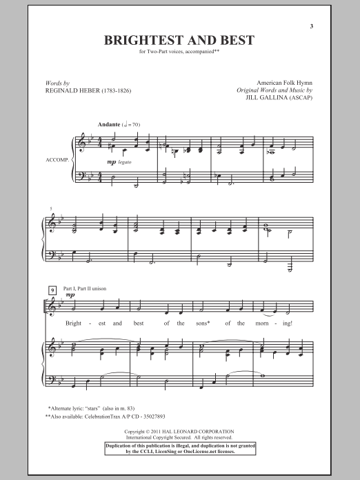 Michael & Jill Gallina Brightest And Best Sheet Music Notes & Chords for 2-Part Choir - Download or Print PDF