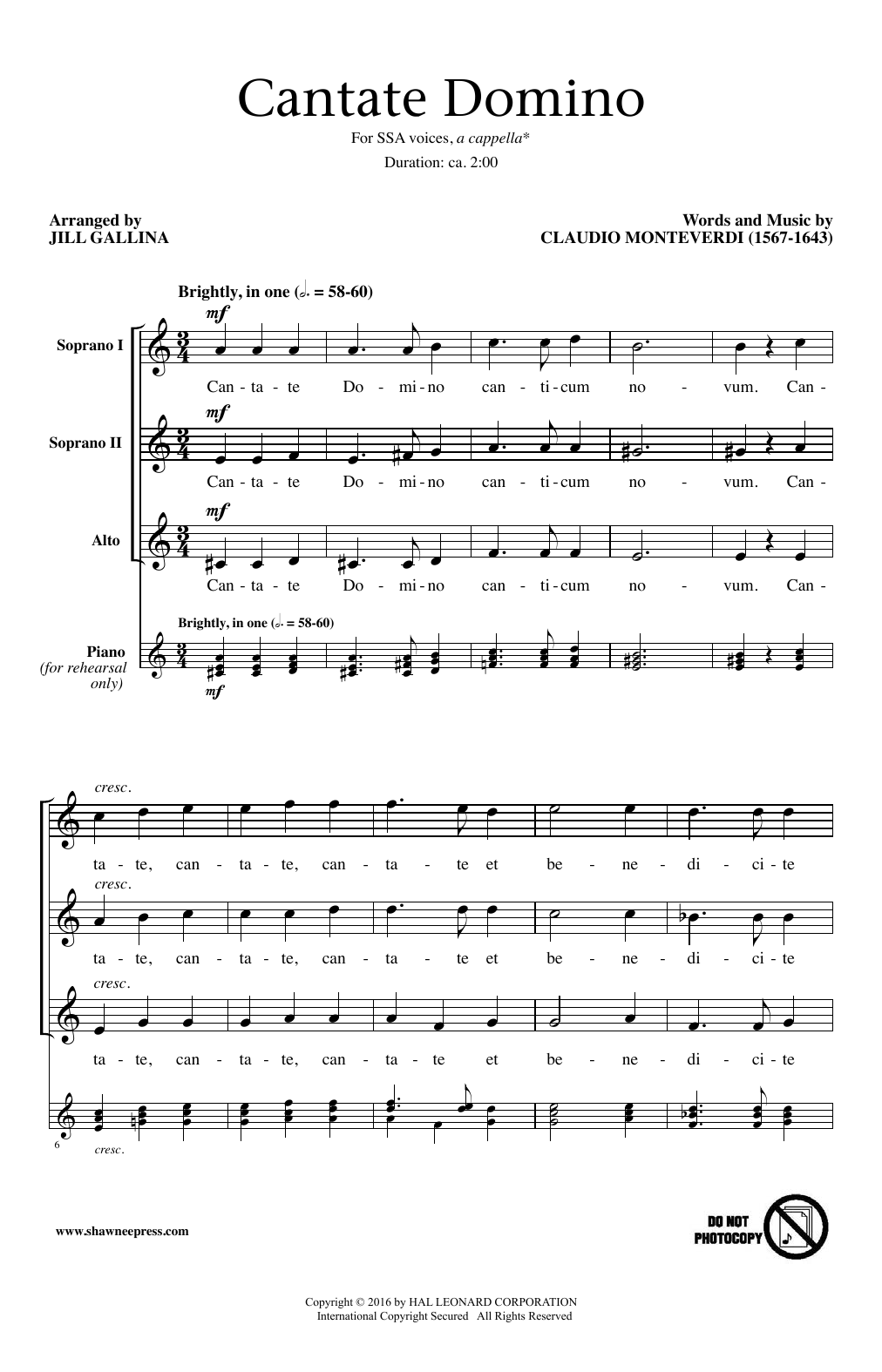 Jill Gallina Cantate Domino Sheet Music Notes & Chords for SSA - Download or Print PDF