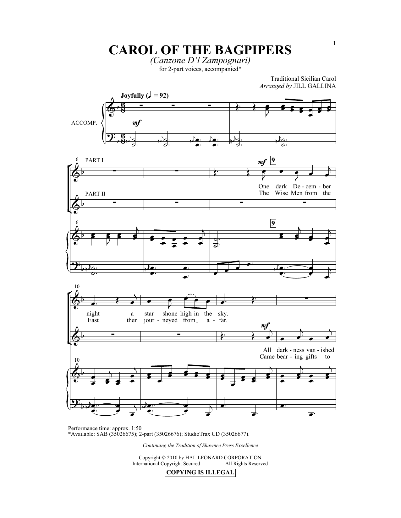 Jill Gallina Carol Of The Bagpipers (Canzone D'l Zampognari) Sheet Music Notes & Chords for 2-Part Choir - Download or Print PDF