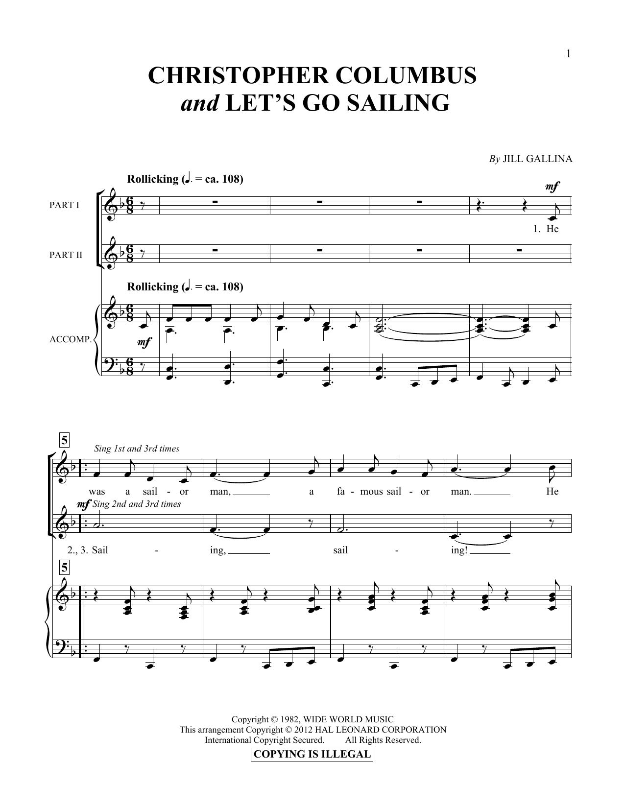 Jill Gallina Christopher Columbus & Let's Go Sailing Sheet Music Notes & Chords for Vocal Duet - Download or Print PDF