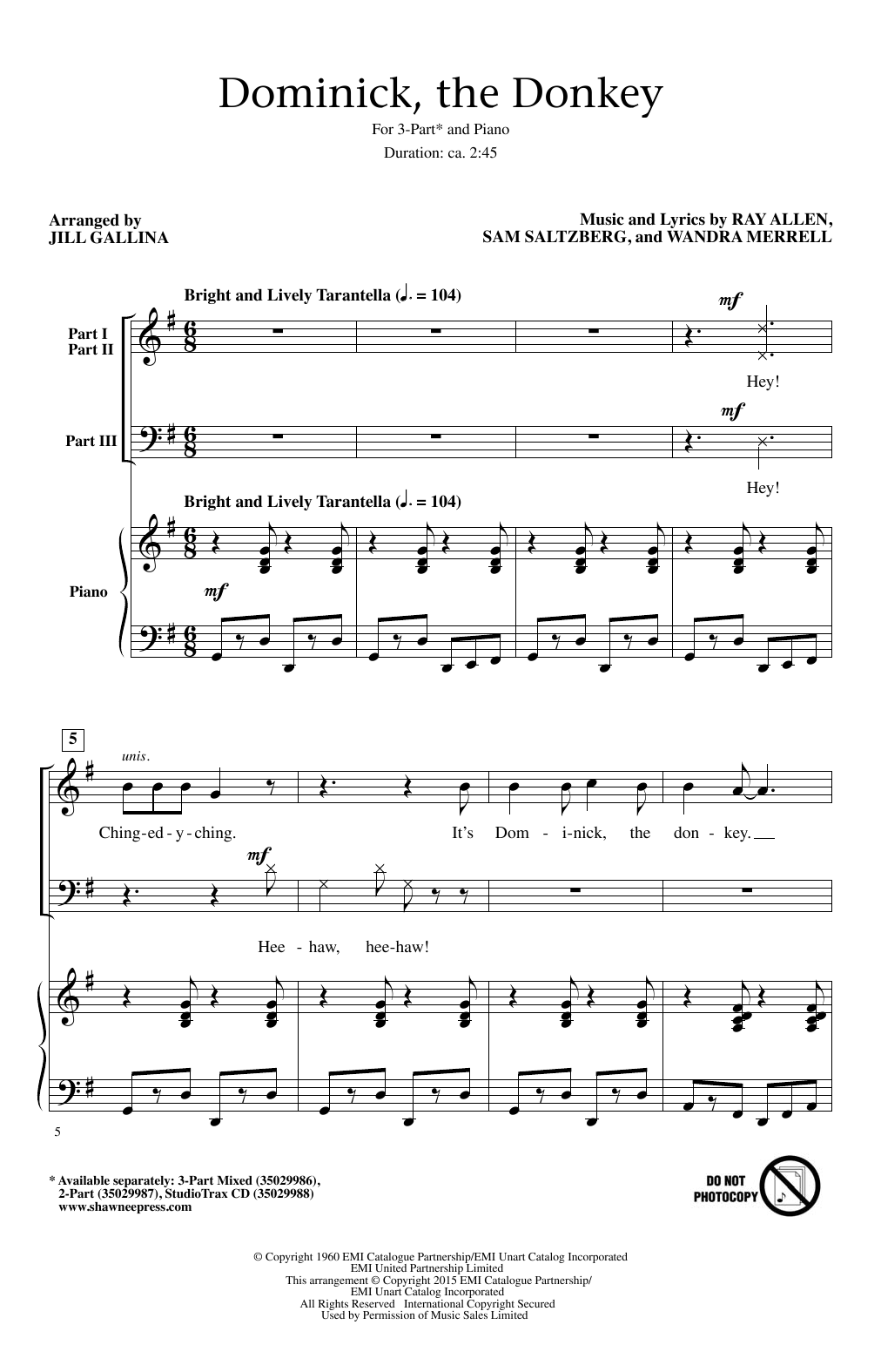 Jill Gallina Dominick, The Donkey Sheet Music Notes & Chords for 3-Part Mixed - Download or Print PDF
