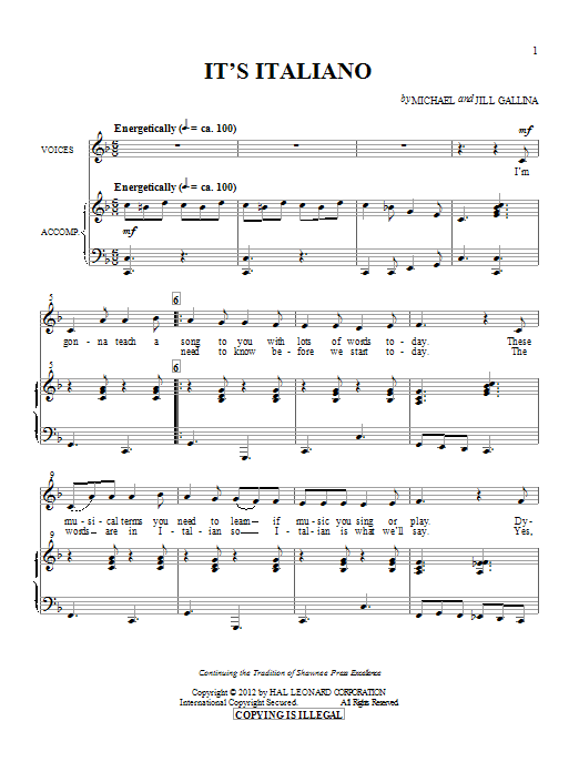Michael & Jill Gallina It's Italiano Sheet Music Notes & Chords for Unison Choral - Download or Print PDF