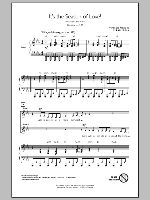 Jill Gallina It's The Season Of Love! Sheet Music Notes & Chords for 2-Part Choir - Download or Print PDF