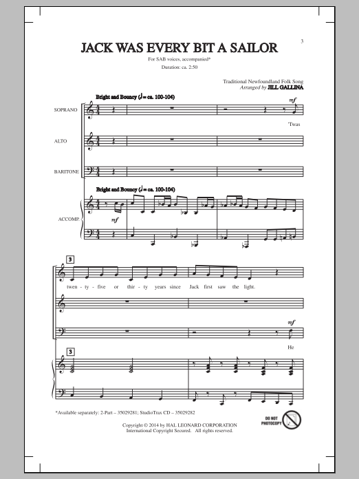 Jill Gallina Jack Was Ev'ry Inch A Sailor Sheet Music Notes & Chords for SAB - Download or Print PDF