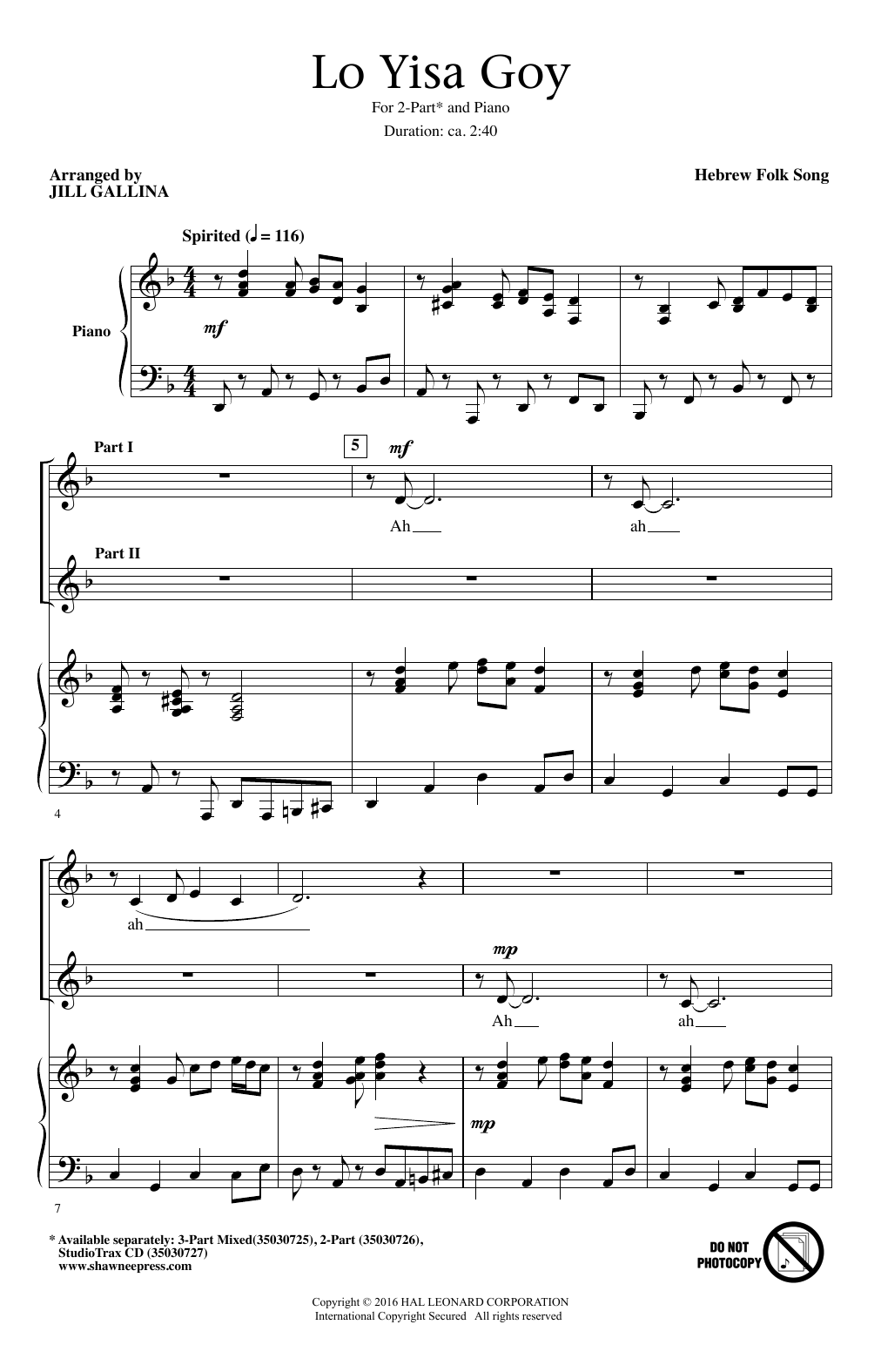 Hebrew Folk Song Lo Yisa Goy (arr. Jill Gallina) Sheet Music Notes & Chords for 2-Part Choir - Download or Print PDF