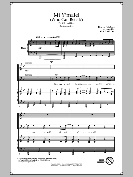 Hebrew Folk Song Mi Y'malel (Who Can Retell?) (arr. Jill Gallina) Sheet Music Notes & Chords for 2-Part Choir - Download or Print PDF