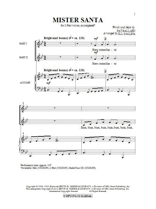 Jill Gallina Mister Santa Sheet Music Notes & Chords for 2-Part Choir - Download or Print PDF