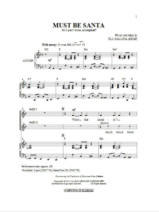 Jill Gallina Must Be Santa Sheet Music Notes & Chords for 2-Part Choir - Download or Print PDF