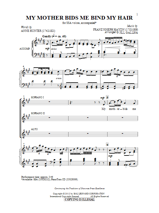 Franz Joseph Haydn My Mother Bids Me Bind My Hair (arr. Jill Gallina) Sheet Music Notes & Chords for SSA - Download or Print PDF