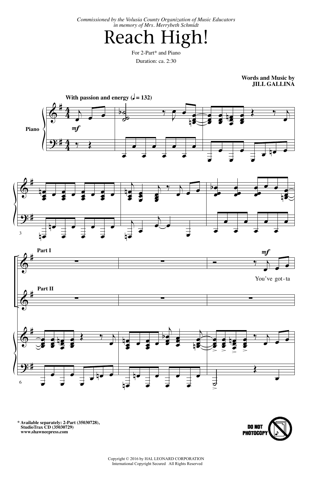 Jill Gallina Reach High! Sheet Music Notes & Chords for 2-Part Choir - Download or Print PDF