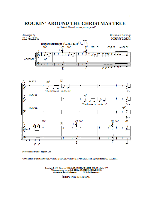 Jill Gallina Rockin' Around The Christmas Tree (arr. Jill Gallina) Sheet Music Notes & Chords for 3-Part Mixed - Download or Print PDF
