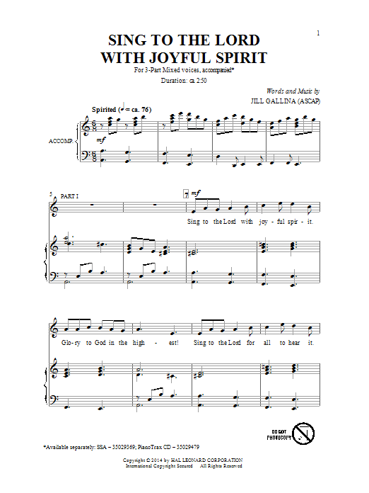 Jill Gallina Sing To The Lord With Joyful Spirit Sheet Music Notes & Chords for SSA - Download or Print PDF