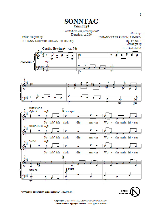 Johannes Brahms Sonntag (arr. Jill Gallina) Sheet Music Notes & Chords for SSA - Download or Print PDF