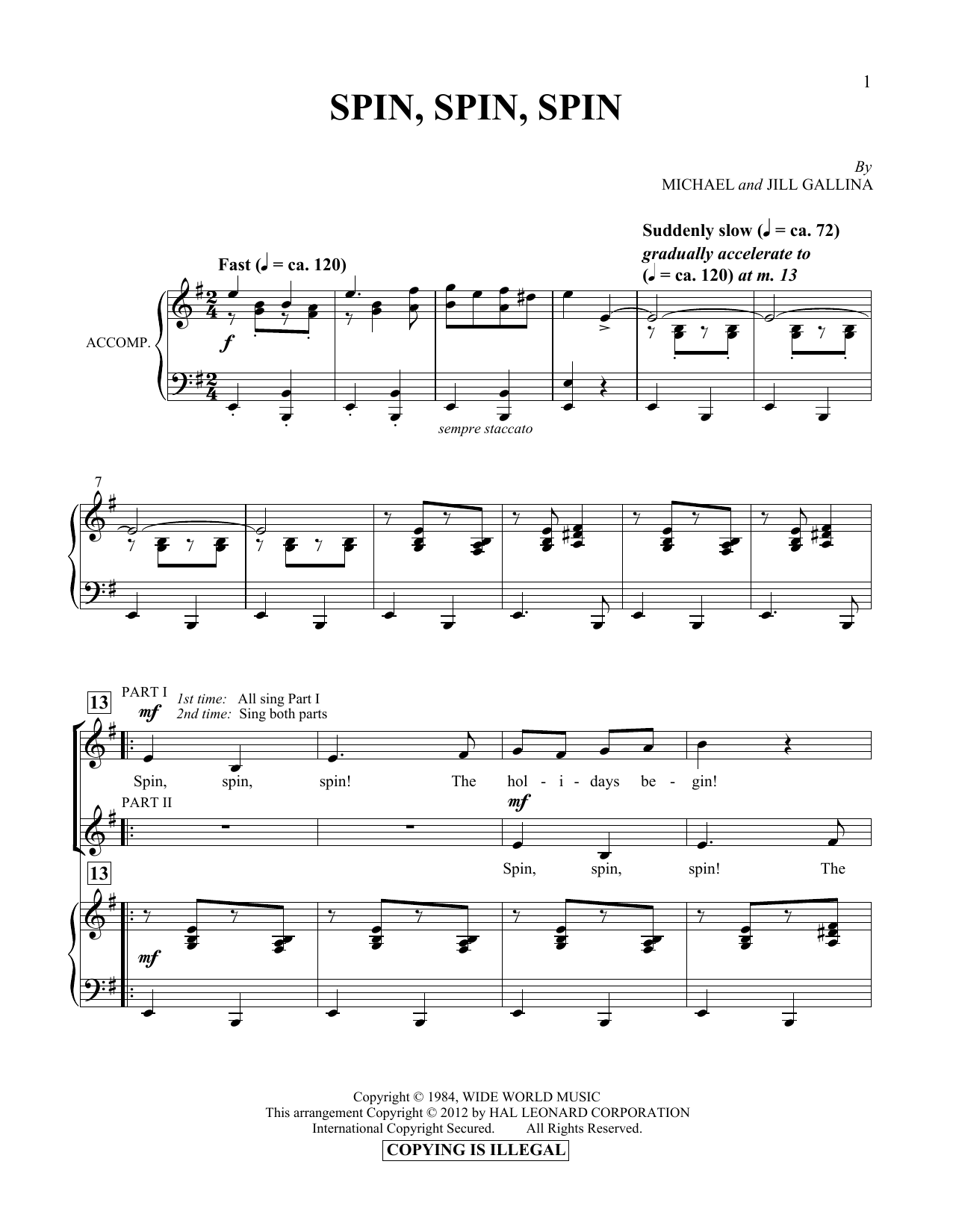 Jill Gallina Spin, Spin, Spin Sheet Music Notes & Chords for Vocal Duet - Download or Print PDF