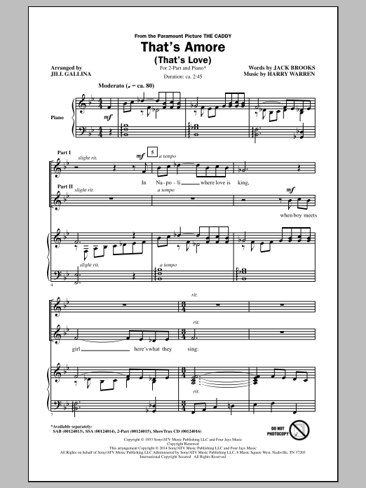 Dean Martin That's Amore (That's Love) (arr. Jill Gallina) Sheet Music Notes & Chords for 2-Part Choir - Download or Print PDF