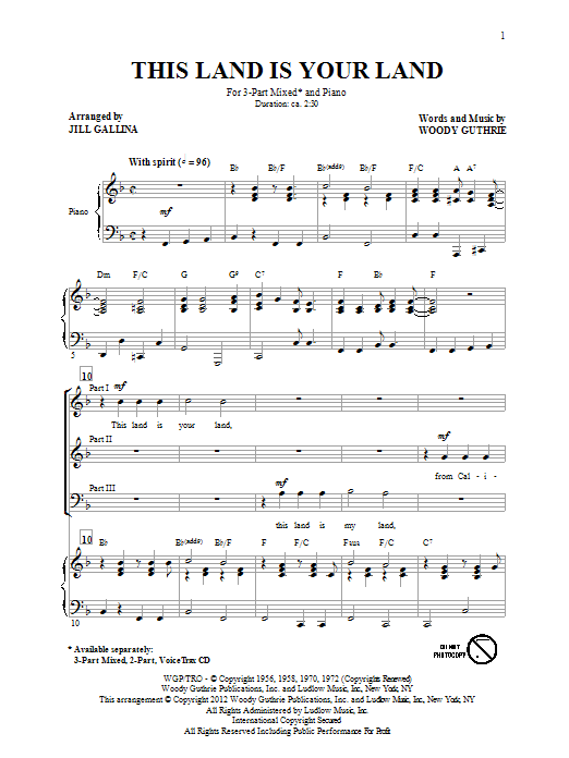 Jill Gallina This Land Is Your Land (arr. Jill Gallina) Sheet Music Notes & Chords for 3-Part Mixed - Download or Print PDF