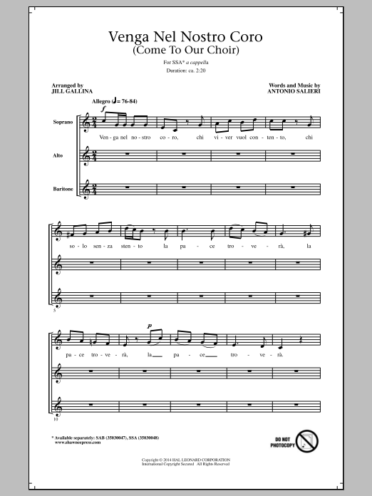 Jill Gallina Venga Nel Nostro Coro Sheet Music Notes & Chords for SAB - Download or Print PDF