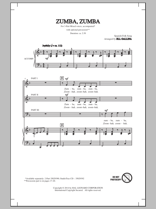 Traditional Folksong Zumba, Zumba (arr. Jill Gallina) Sheet Music Notes & Chords for 3-Part Mixed - Download or Print PDF