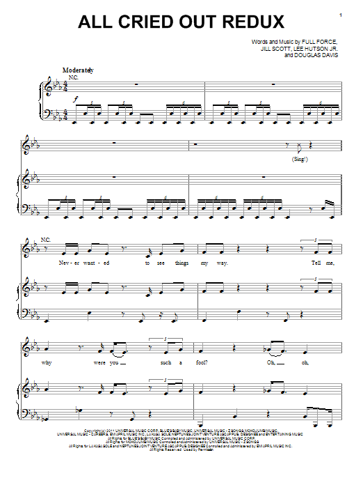 Jill Scott All Cried Out Redux Sheet Music Notes & Chords for Piano, Vocal & Guitar (Right-Hand Melody) - Download or Print PDF