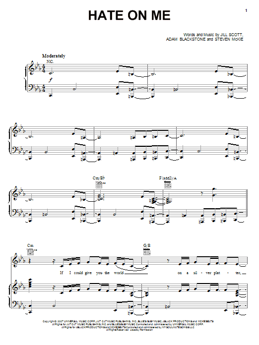 Jill Scott Hate On Me Sheet Music Notes & Chords for Piano, Vocal & Guitar (Right-Hand Melody) - Download or Print PDF